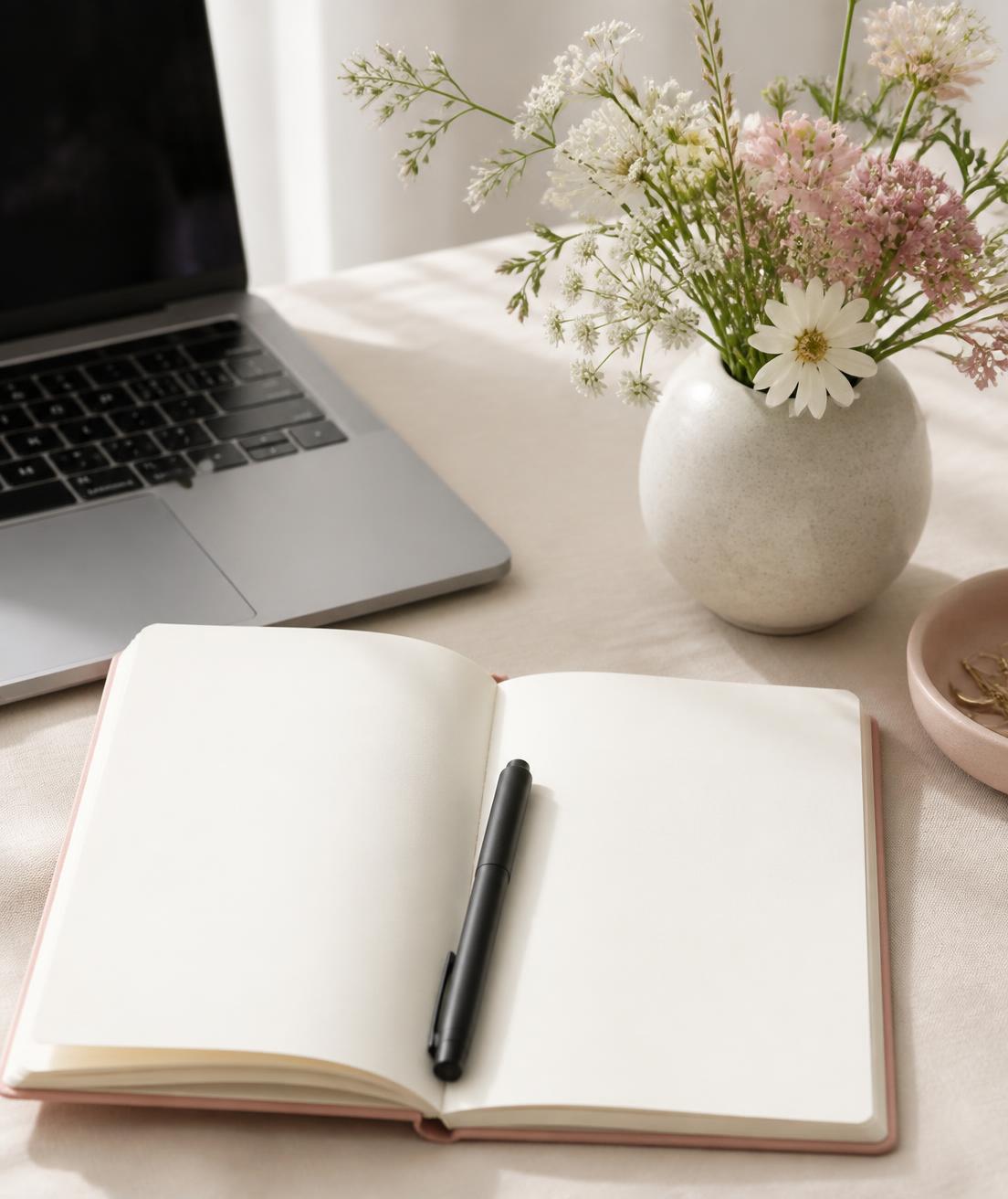 Open notebook and pen beside a vase of fresh wildflowers on a linen desk