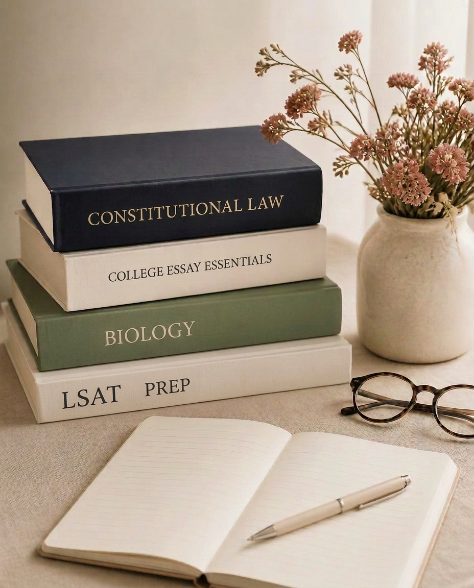 Stack of college admissions, biology, LSAT, and law books beside flowers on a linen table