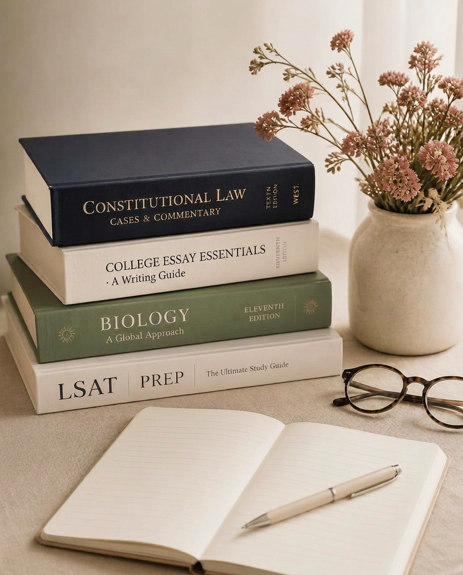 Stack of vintage law books beside a pitcher of wildflowers on a linen tablecloth